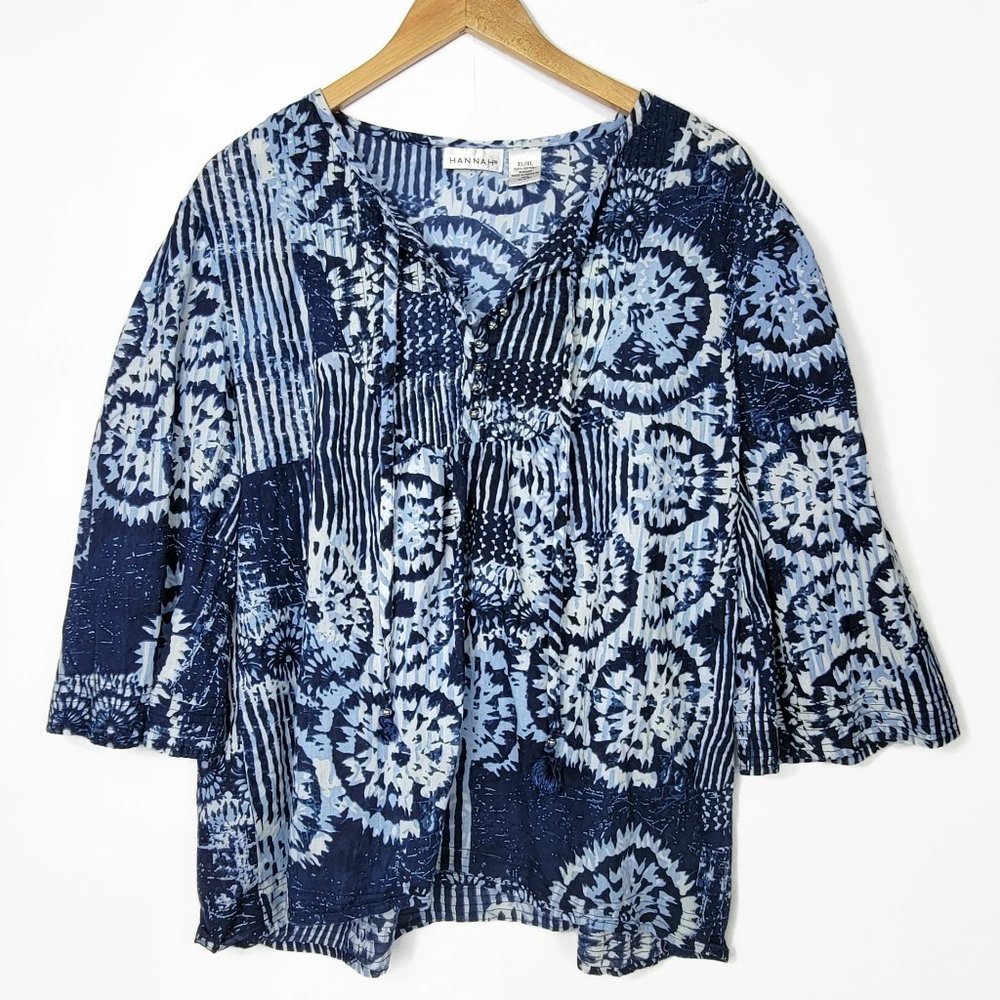 Hannah Blouse Womens Size XL Blue Tie Dye Shirt Tassels Lightweight Gauzy Cotton
